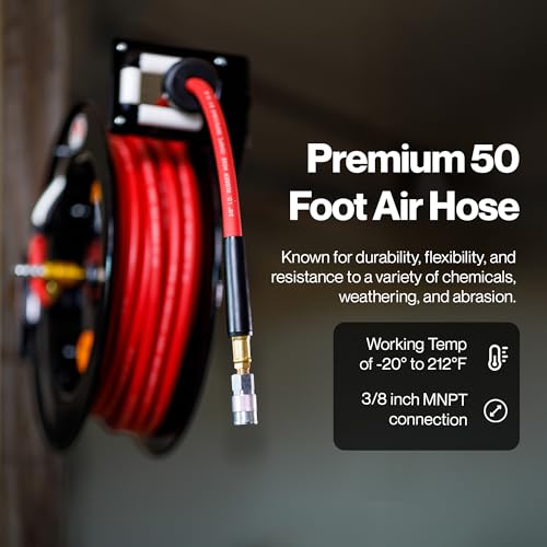 ReelWorks Air Hose Reel 3/8" Inch x 50' Foot SBR Rubber Hose Max 300PSI Commercial Steel Construction