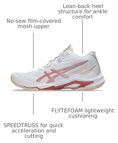 ASICS Women's Netburner Ballistic FlyteFoam Mid Top 4 Volleyball Shoes, 8.5, White/Rose Rouge