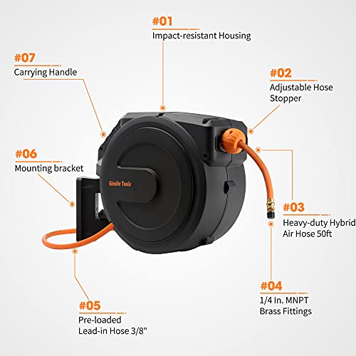 Giraffe Tools Retractable Air Hose Reel Enclosed with 3/8" x 50 ft, 300 PSI