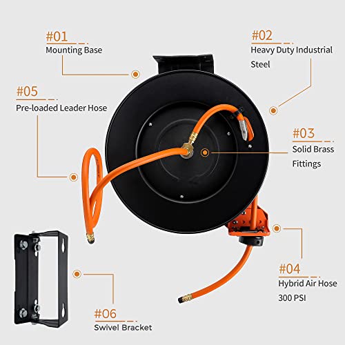 Giraffe Tools TA10 Retractable Air Hose Reel, 3/8" x 25ft, Open Steel