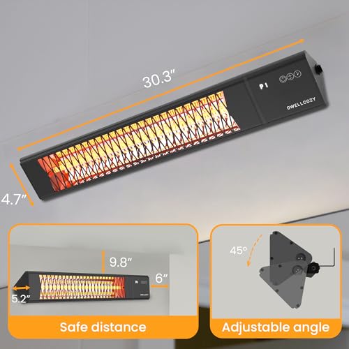 DWELLCOZY 2s Wall-Mounted Patio Heater 5 Modes, Indoor/Outdoor Heaters for Patio, 1500W Infrared Electric Garage Heaters with Remote, Space Heater for Garden,Backyard IP55 Resistant, 24H Timer, Black