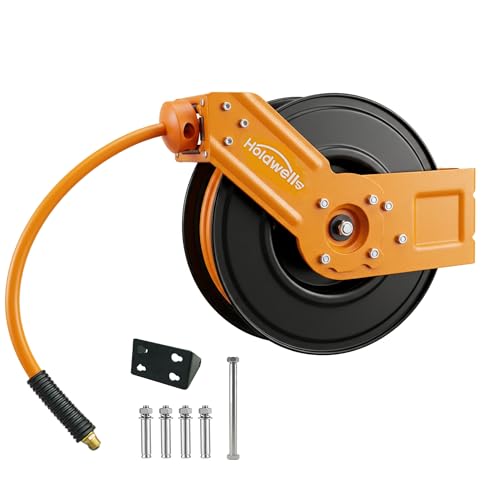 Holdwell S Retractable Air Hose Reel, 3/8" x 50FT Hybrid Air Hose, 300PSI Max, Auto-Rewind & Length-Lock, 1/4" NPT Fitting, Ceiling/Wall Mount Heavy Duty Single Arm Steel Reel for Workshop/Garage