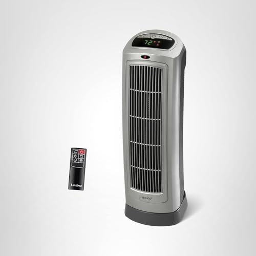 Lasko Oscillating Digital Ceramic Tower Heater for Home with Adjustable Thermostat, Timer and Remote Control, 23 Inches, 1500W, Silver, 755320
