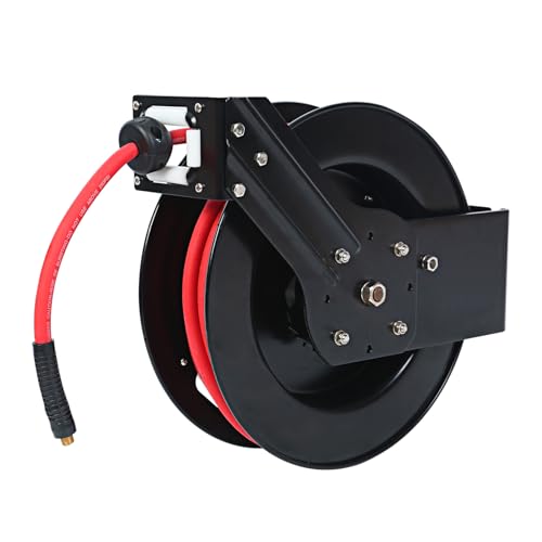 MaxWorks 50 Foot Auto Rewind Retractable Air Hose Reel with 3/8" Rubber Hose 250 PSI Heavy Duty Steel Spring Multi Position Ratchet and Solid Brass Fittings for Garage and Workshop (80720)