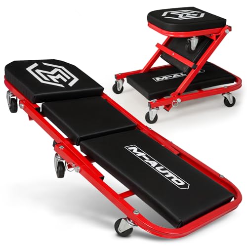M-AUTO 40-Inch Folding Creeper Rolling Seat, All-in-One Adjustable Roller Garage Chair, Lay Down or Sit, 330LBS Capacity Under Car Roller Creeper with 6 Swivel Casters, Red
