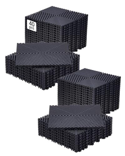 VEVOR Interlocking Drainage Mat, 12” x 12” Modular Interlocking Cushion, 40 Pcs Splicing Drainage Mats, Non-Slip PP Drainage Floor Tile and Shower Mat, for Garage, Garden, Kitchen & Outdoor, Black