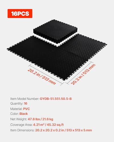 VEVOR Garage Floor Tiles 20.2 x 20.2 x 0.2 inch, Interlocking Ease of Installation Diamond Plate Slip-Resistant Texture Non-Slip Sturdiness, for Garages, Warehouse, Tool Room, Black, 16 Pack