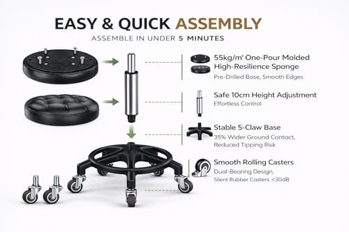 KinShare Upgraded Height Adjustable Rolling Stool with 360° Smooth Rubber Wheels – Heavy-Duty 450lbs, PU Seat & Anti-Tip Base | Ideal for Home, Office, Salon, Workshop, Black & Silver