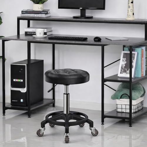 KinShare Upgraded Height Adjustable Rolling Stool with 360° Smooth Rubber Wheels – Heavy-Duty 450lbs, PU Seat & Anti-Tip Base | Ideal for Home, Office, Salon, Workshop, Black & Silver