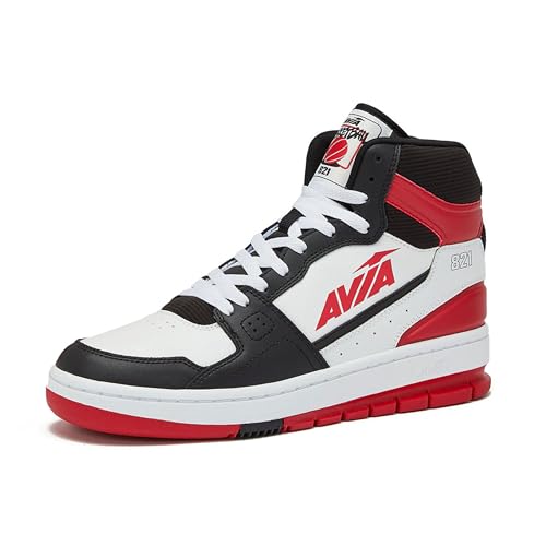 Avia 821 High Top Sneakers for Men, Indoor or Outdoor Mens Basketball Shoes - Black/Red/White Trim, 7.5 Medium