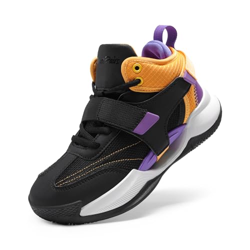 DREAM PAIRS Boys Girls Basketball Shoes Little Kid Big Kid Non-Slip Sport Athletic Sneakers Boys Comfortable Durable School Training Shoes,Size 4 Big Kid,Black/Gold/Purple,SDBS2302K