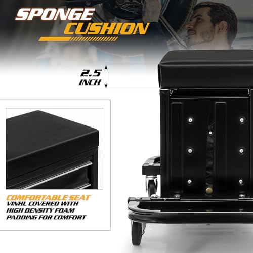 Magshion Garage Creeper Seat with 3-Drawer Storage, 350 lbs Capacity Rolling Mechanic Stool, Padded Shop Seat with Tool Tray, Adjustable Workshop Creeper Stool on Wheels for Auto Repair & Detailing