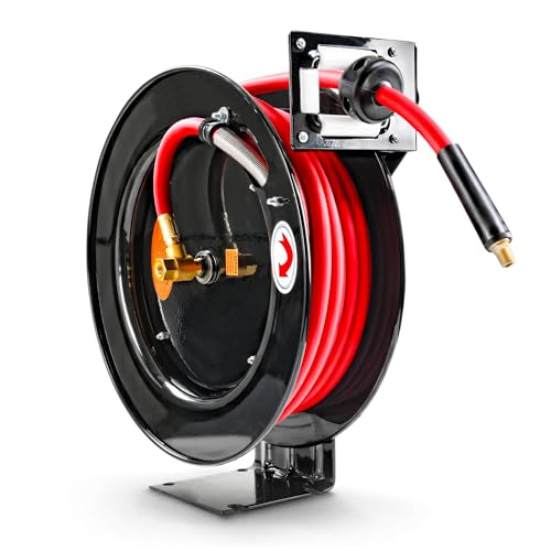 ReelWorks Air Hose Reel 3/8" Inch x 50' Foot SBR Rubber Hose Max 300PSI Commercial Steel Construction