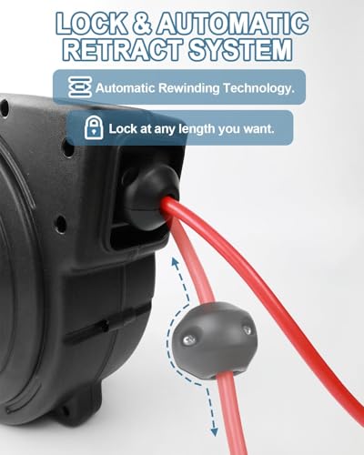 EP Retractable Extension Cord Reel, 50 Ft Heavy Duty Power Cord, 14 AWG/3C SJTOW, 13 AMP Circuit Breaker, Lighted Triple Tap, Ceiling or Wall Mount