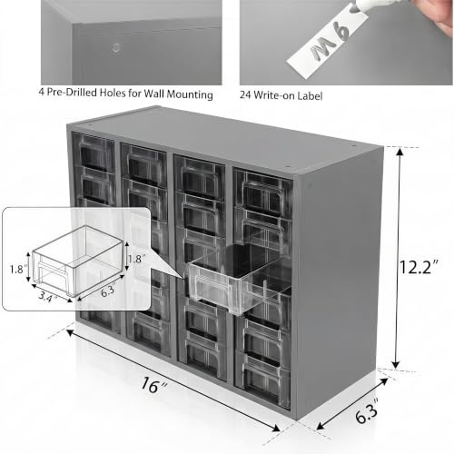 Nut and Bolt Organizer with 24 Clear Drawers, Heavy Duty Metal Hardware Organizer Cabinet, 48 Adjustable Dividers for Screws, Fasteners, Washers & Small Parts, Stackable Wall Mount Storage Cabinet