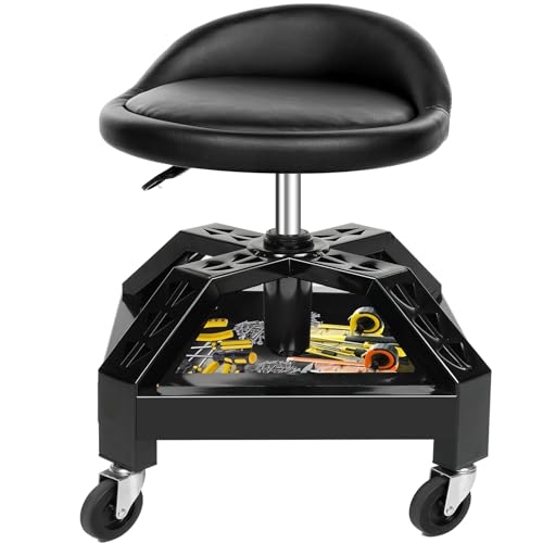 RCIACRHT Garage Shop Rolling Seat, Heavy Duty Adjustable Rolling Mechanic Stool with Lockable 360° Wheels, 350 Lbs Capacity, Work Stool with Tool Tray for Garage & Workshop