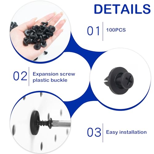 100 PCS Plastic Expansion Screws for 1/4" Pegboard, 6mm Black Rivet Fasteners with Inserts and Screws, Pegboard Hooks Accessories for Garage Wall Tool Organizer (Pegboard Not Included)