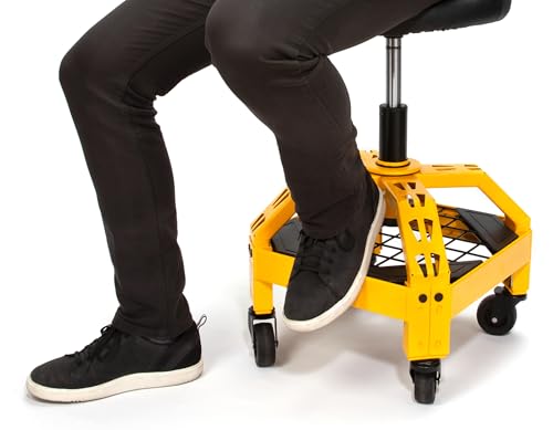 DEWALT Heavy-Duty Metal Rolling Stool for Shop or Garage, Padded 360-degree Swivel Seat, Durable Steel Frame, Adjustable