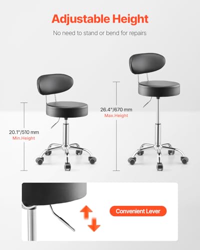 VEVOR Shop Stool with Backrest, Pneumatic Height Adjustable Garage Seat, 300 lbs Load, Roller Creeper Seat, 360 Swivel Padded Workshop Stool, Black