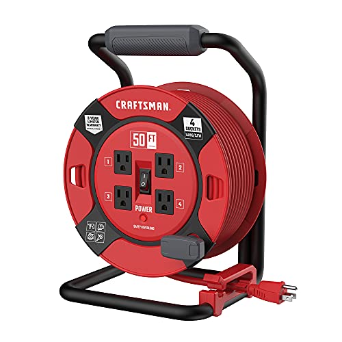 CRAFTSMAN Retractable Extension Cord Reel 50 Ft. with 4 Outlets & Heavy Duty 14AWG SJTW Cable