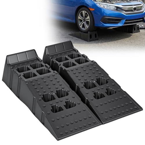 2 PCS Car Ramps for Oil Changes, 13000lbs Heavy Duty Plastic Oil Change Ramps, 12" Wide Low Profile Design with 8.6" Lift Height, Jack Support for Vehicle Service & Garage Repair Black