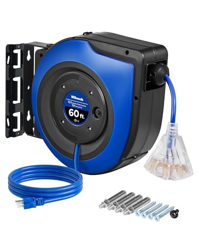 WILAWELS Retractable Cord Reel, 60 FT Heavy Duty Extension Cord, 12AWG/3C SJTOW, 3 Grounded Outlets Lighted Triple Tap, 15A Circuit Breaker, Wall/Ceiling Mounted, UL Listed, Blue U60CR06