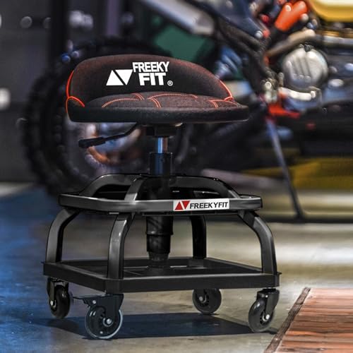 FreekyFit Rolling Shop Stool with Wheels, Garage Work Mechanic Stool with Backrest, Roller Mechanic Chair, Adjustable Height, 360° Swivel, Tool Tray Storage, 330 LBS Capacity, Heavy Duty, Black