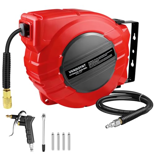 Vkndoynt Retractable Air Hose Reel, 1/4 IN x 50 FT Hybrid Polymer Hose, Auto Rewind, Wall Mount, Dark Gray/Red