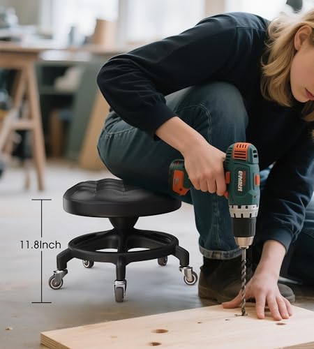 KinShare Upgraded Low-Profile Rolling Stool with 360° Smooth Rubber Wheels – Heavy-Duty 450lbs, Puffed PU Seat & Anti-Tip Base | Ideal for Home, Office, Salon, Workshop, Mechanic, Garage, Black