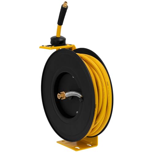 DEWALT 3/8 in. x 50 ft. Single Arm Air Hose Reel for Air Compressor, Auto Retracting Rubber Hose, Professional Grade, All Steel Construction, Retractable Hose, Durable and Efficient Design