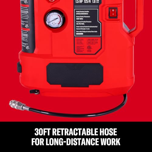CRAFTSMAN Tire Inflator, All in One Wall Mount Air Compressor Oil-Free with Retractable 30ft Air Hose and Pressure Regulator, Great for Tire Inflation, Brad/Stapler, Finishing Jobs,1.5HP 125PSI