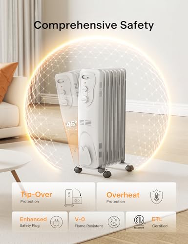 PELONIS Radiator Heater for Large Space, Electric Oil Filled Radiator, Dual Knobs, 1500W, Quiet Space Heater, 3 Modes, Tip-over Protection