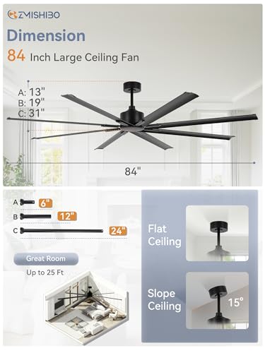 ZMISHIBO 84 Inch Heavy-Duty Ceiling Fan without Light, 8 Aluminum Blades
