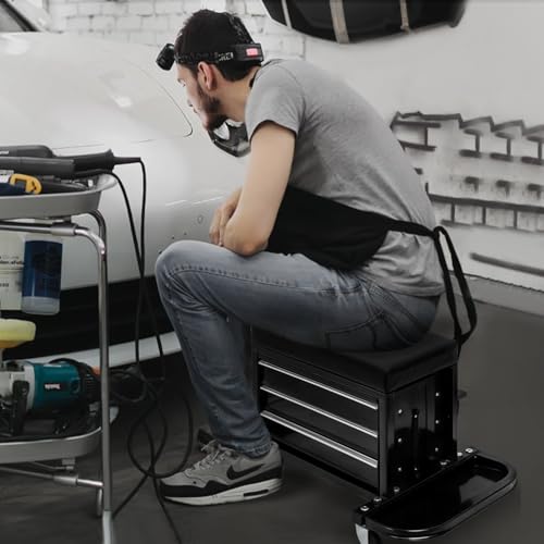 Magshion Garage Creeper Seat with 3-Drawer Storage, 350 lbs Capacity Rolling Mechanic Stool, Padded Shop Seat with Tool Tray, Adjustable Workshop Creeper Stool on Wheels for Auto Repair & Detailing