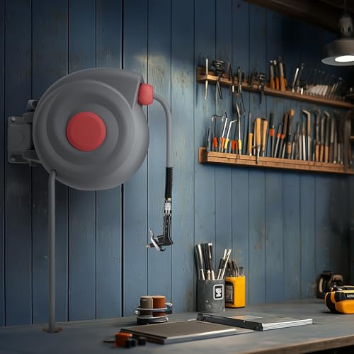 Retractable Air Hose Reel, 3/8" x 65ft Air Hose with Air Blow Gun, Adjustable Length Lock, 180° Rotating Wall Mount Air Tool for Garage and Workshop
