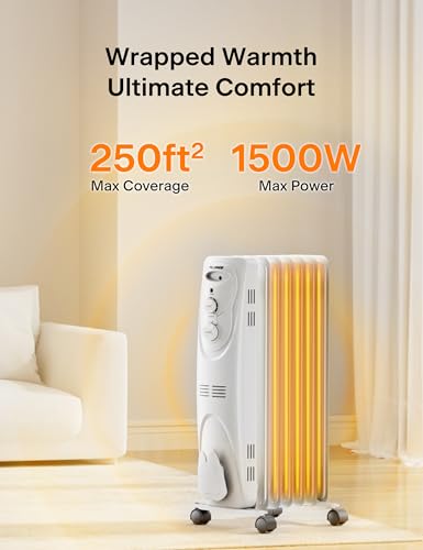 PELONIS Radiator Heater for Large Space, Electric Oil Filled Radiator, Dual Knobs, 1500W, Quiet Space Heater, 3 Modes, Tip-over Protection