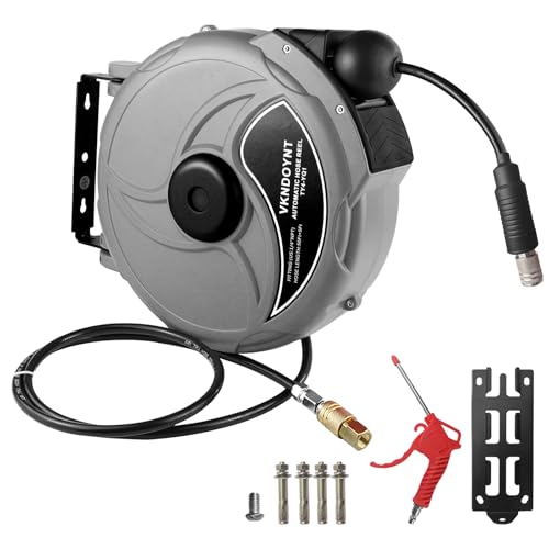 Retractable Air Hose Reel, 1/4 in x 50 FT Hybrid Polymer Hose, Air Compressor Hose Reel with 5 ft Lead in, Ceiling/Wall Mount Enclosed Air Reel, 180° Swivel Mount, Gray/Black