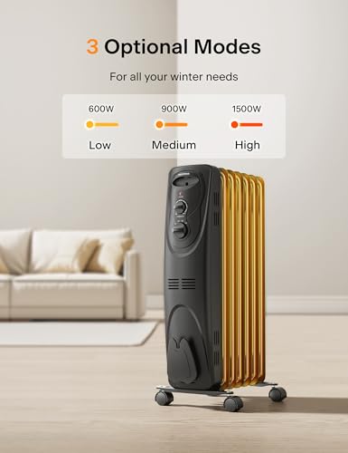 PELONIS Radiator Heater for Large Space, Electric Oil Filled Radiator, Dual Knobs, 1500W, Quiet Space Heater, 3 Modes, Tip-over Protection