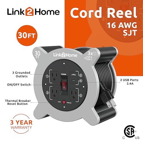 Link2Home 30 Ft. Extension Cord Reel, 3 Outlets, 2 USB Ports