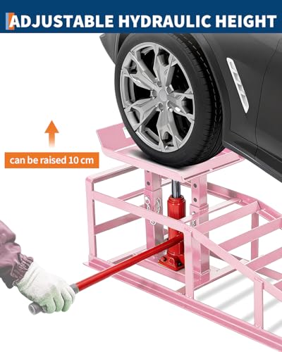 Garvee 2 Pack Hydraulic Car Ramps for Oil Changes, 5 t 11050 LBS Heavy Duty Steel Car Lift Ramp - Low Profile, High Lift 9.4 in-13.34 in, Safety Garage Ramps for Trucks & Vehicles, Pink