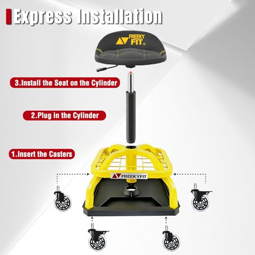 FreekyFit Rolling Shop Stool with Wheels, Garage Work Mechanic Stool with Backrest, Roller Mechanic Chair, Adjustable Height, 360° Swivel, Tool Tray Storage, 330 LBS Capacity, Heavy Duty, Yellow
