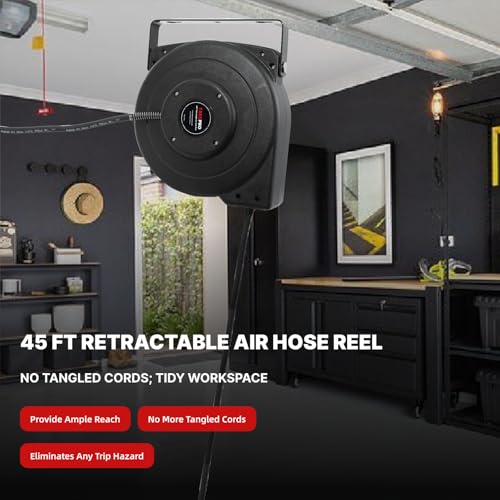 Txecpro Retractable Air Hose Reel, 1/4 IN x 45 FT Hybrid Air Hose Max 300 PSI, Air compressor hose reel with 5 ft Lead in, Ceiling/Wall Mounted air hose reel,Heavy Duty air tool