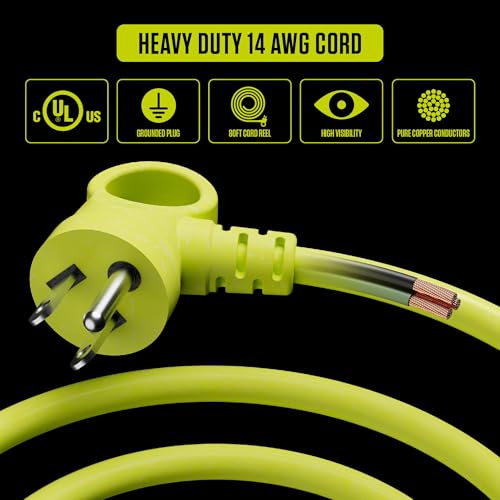 Masterplug 80ft Cord Reel, Retractable Extension Lead with Winding Handle, Safety Overload Circuit Breaker and Power Switch, 4X Grounded Outlets, 13amps, 14AWG Cable
