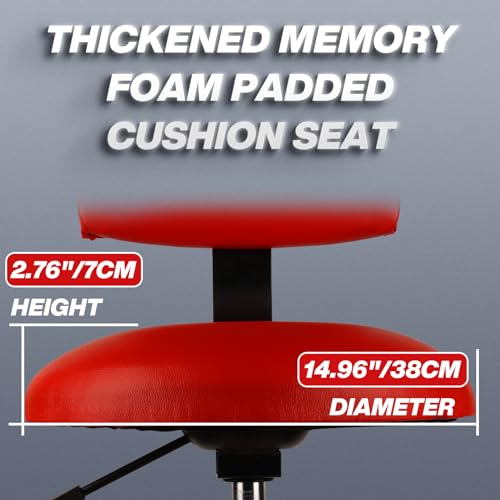 FreekyFit Shop Stool with Backrest, Mechanic Garage Stool for Workshop, Adjustable Shop Stools Chair, Padded Workbench Stools for Men Women, 300 LBS Capacity, 360° Swivel PVC Seat, Heavy Duty, Red