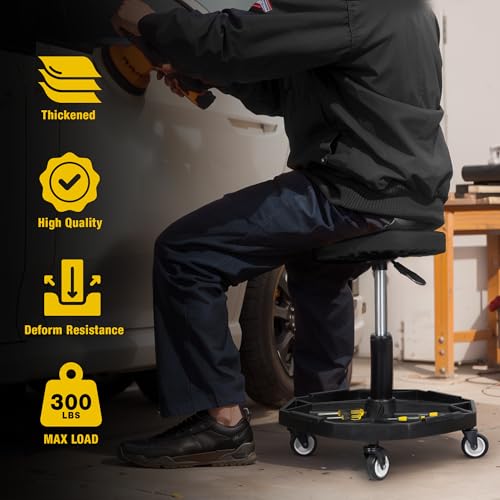 YELLOW JACKET Rolling Garage Seat with Wheels Adjustable Height Pneumatic Mechanic Stool 300Lbs Heavy Duty Shop Creeper Seat with 4 Removable Storage Tool Tray Workshop Chair for Auto Repair