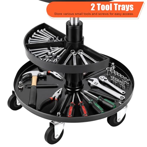 pofluany Rolling Shop Stool with Wheels, Garage Mechanic Stool with Backrest, Adjustable Height Shop Stools with Tool Tray, 300 lb Capacity Mechanic Chair for Garage, Workshop, Auto Repair Black