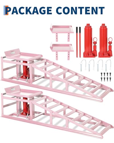 Garvee 2 Pack Hydraulic Car Ramps for Oil Changes, 5 t 11050 LBS Heavy Duty Steel Car Lift Ramp - Low Profile, High Lift 9.4 in-13.34 in, Safety Garage Ramps for Trucks & Vehicles, Pink