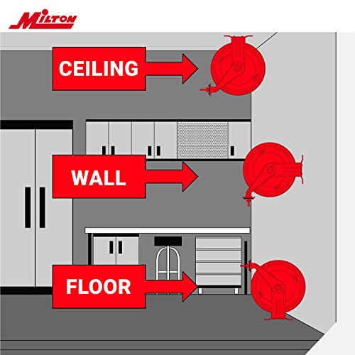 MILTON Strength Air Hose Reel w/Auto- Retractable Steel Dual Arm, 3/8" MNPT x 50 ft. Hybrid Rubber Hose - 300 Max PSI, Red - 2770-50D
