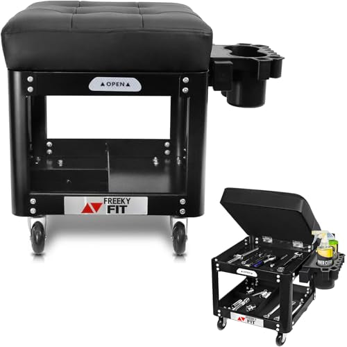 FreekyFit Rolling Creeper Garage Shop Seat for Men, Padded Mechanics Stool with Tool Tray Storage for Garage, Rolling Workshop Stool with Wheels, Auto Creeper Seat, 330 LBS Capacity, Heavy Duty, Black