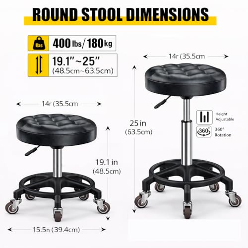 KinShare Upgraded Height Adjustable Rolling Stool with 360° Smooth Rubber Wheels – Heavy-Duty 450lbs, PU Seat & Anti-Tip Base | Ideal for Home, Office, Salon, Workshop, Black & Silver